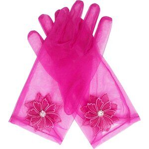 Women's Short Floral Fuschia Diamond Flower Gloves Tulle Tea Opera Party Elegant